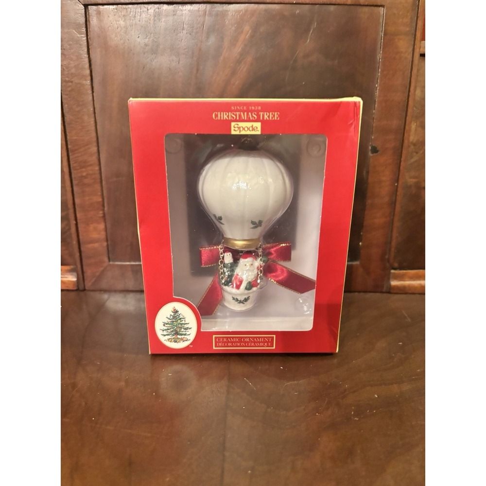 Spode Christmas Tree Hot Air Balloon Ceramic Ornament Santa Basket NIB Box